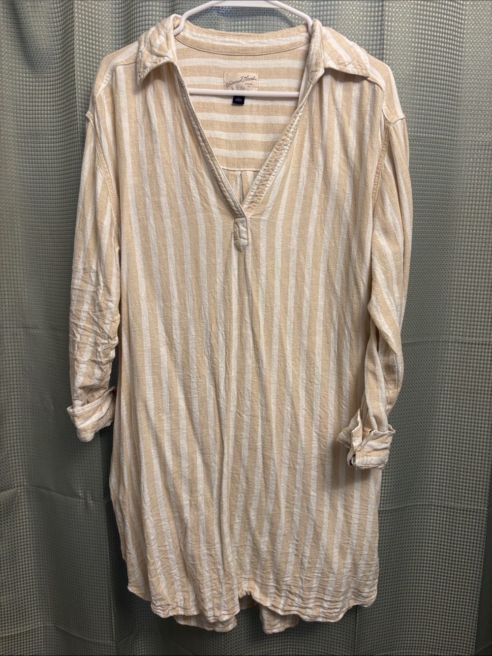 Universal Thread Beige & White Striped Long-Sleeve Linen Shirt Dress